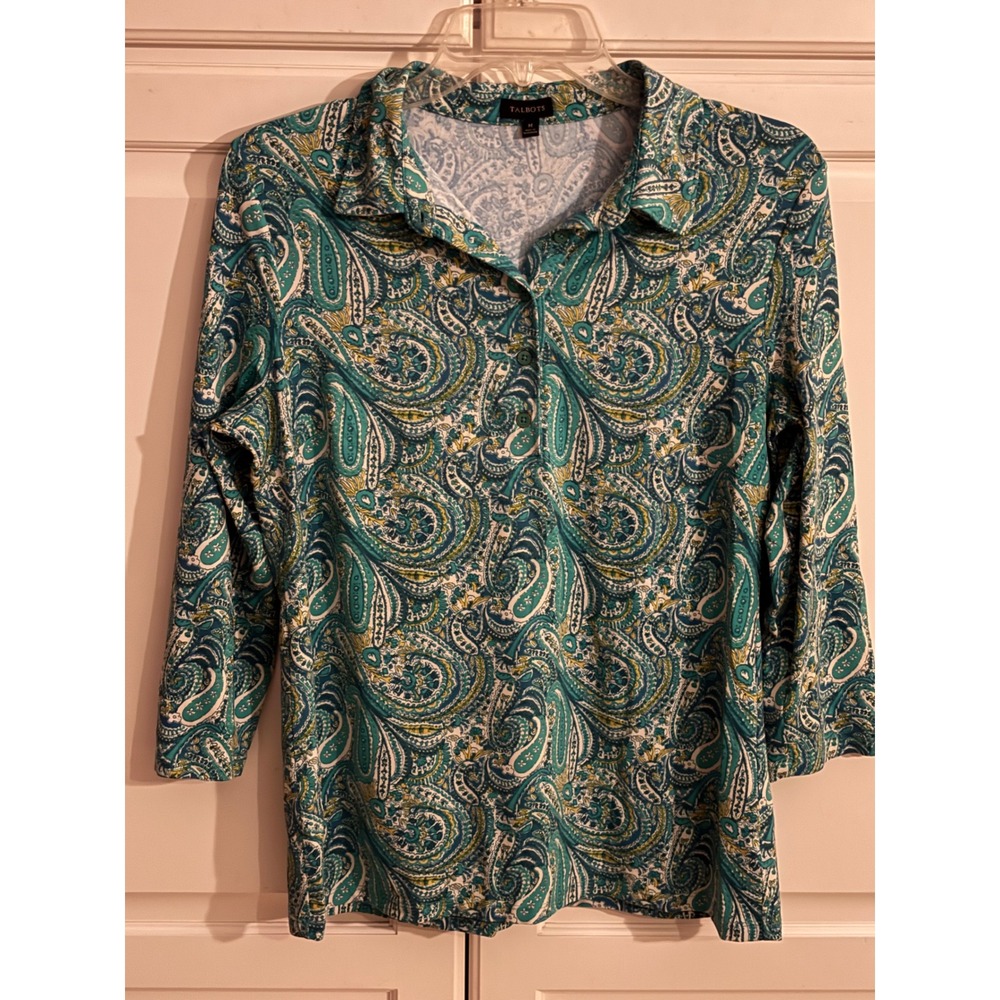 Talbots Womens Teal Blue Paisley Print 3/4 Sleeve Button Neck Pullover Top M